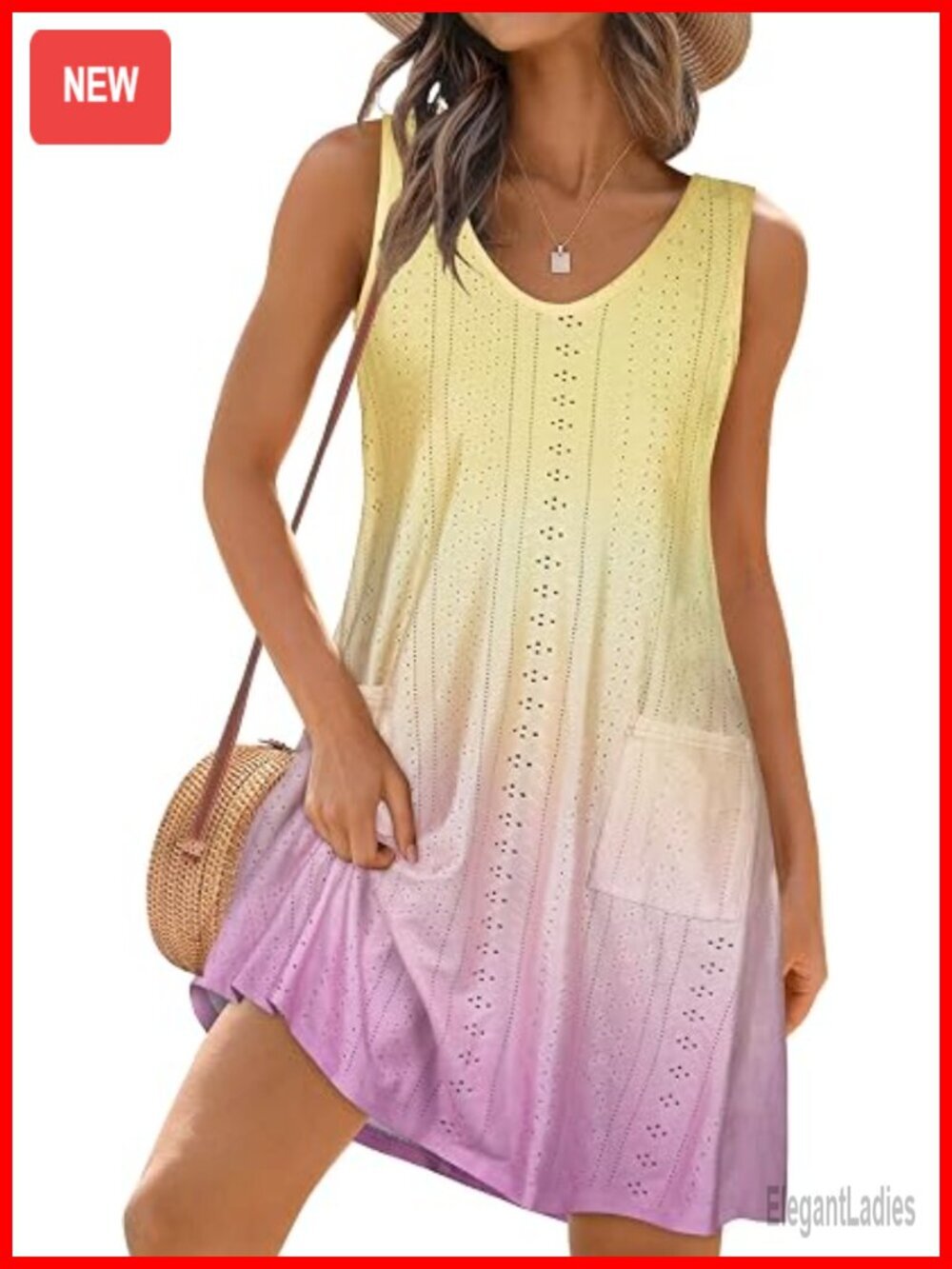 Eyelet Swim Coverup Sundress with Pockets Loose Fit V-Neck